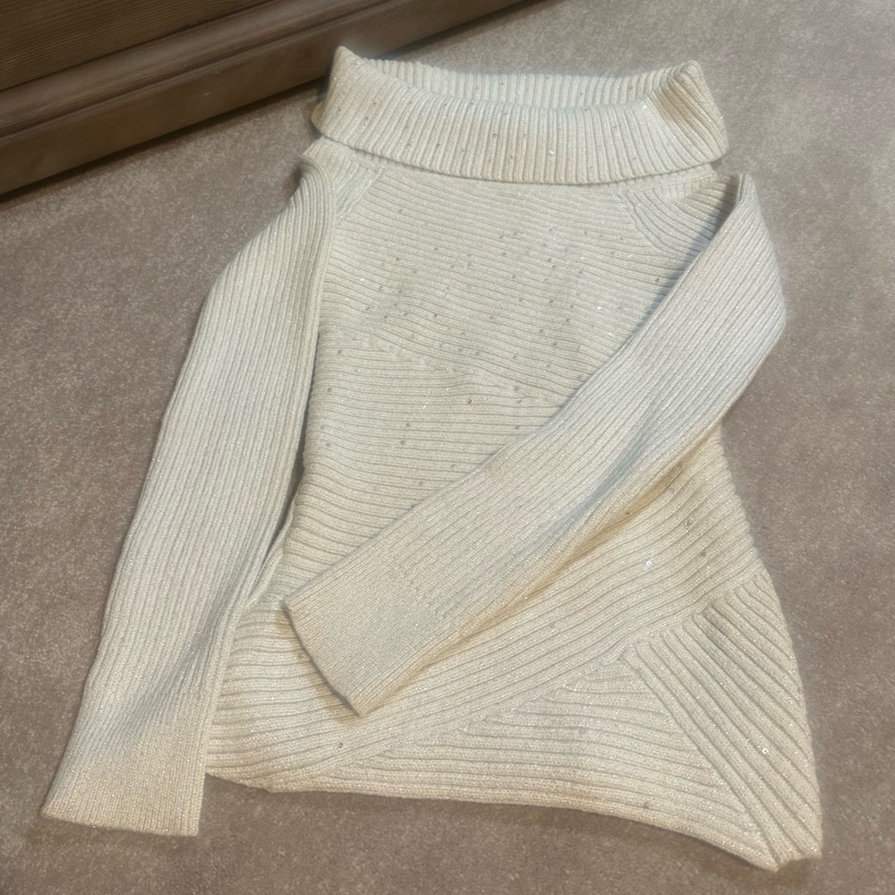 White House Black Market Cream Ivory Sequins Sparkly Turtleneck Sweater, Size XS